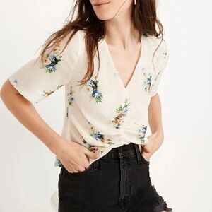 Madewell Floral Blouse Silk Shirred Front Cream Classic Corsage Women's 4 Spring